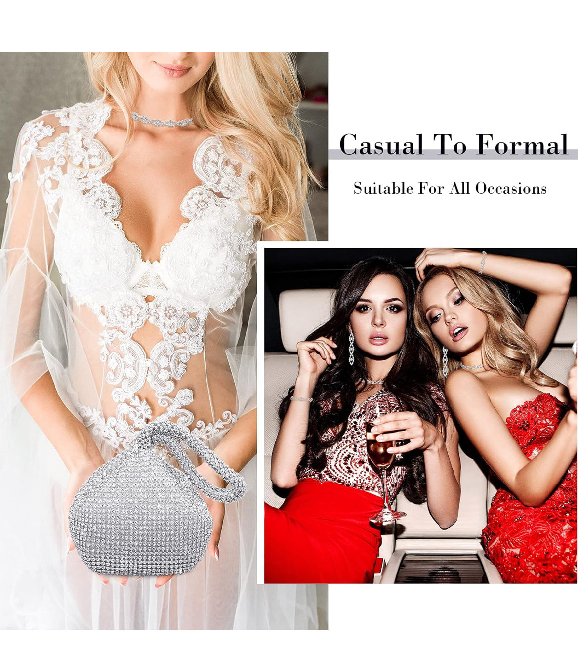 Elegante 4-stuk Rhinestone-ketting, Kraagarmband, Oorbelle, Koppelsakkie Juwelierswarestel Vroue Kristal Driehoek Bling Diamant Handsak Rhinestone-handsak vir Troupartytjie