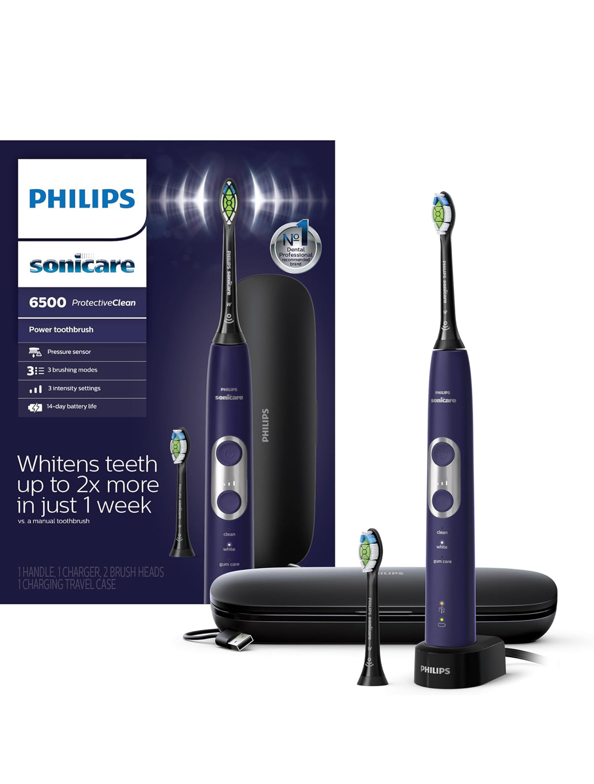 PHILIPS Sonicare Protective Clean 6500 Herlaaibare Elektriese Tandeborsel met Laai-reistas en Ekstra Borselkop - Dieppurper