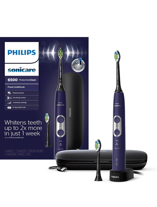 PHILIPS Sonicare Protective Clean 6500 Herlaaibare Elektriese Tandeborsel met Laai-reistas en Ekstra Borselkop - Dieppurper