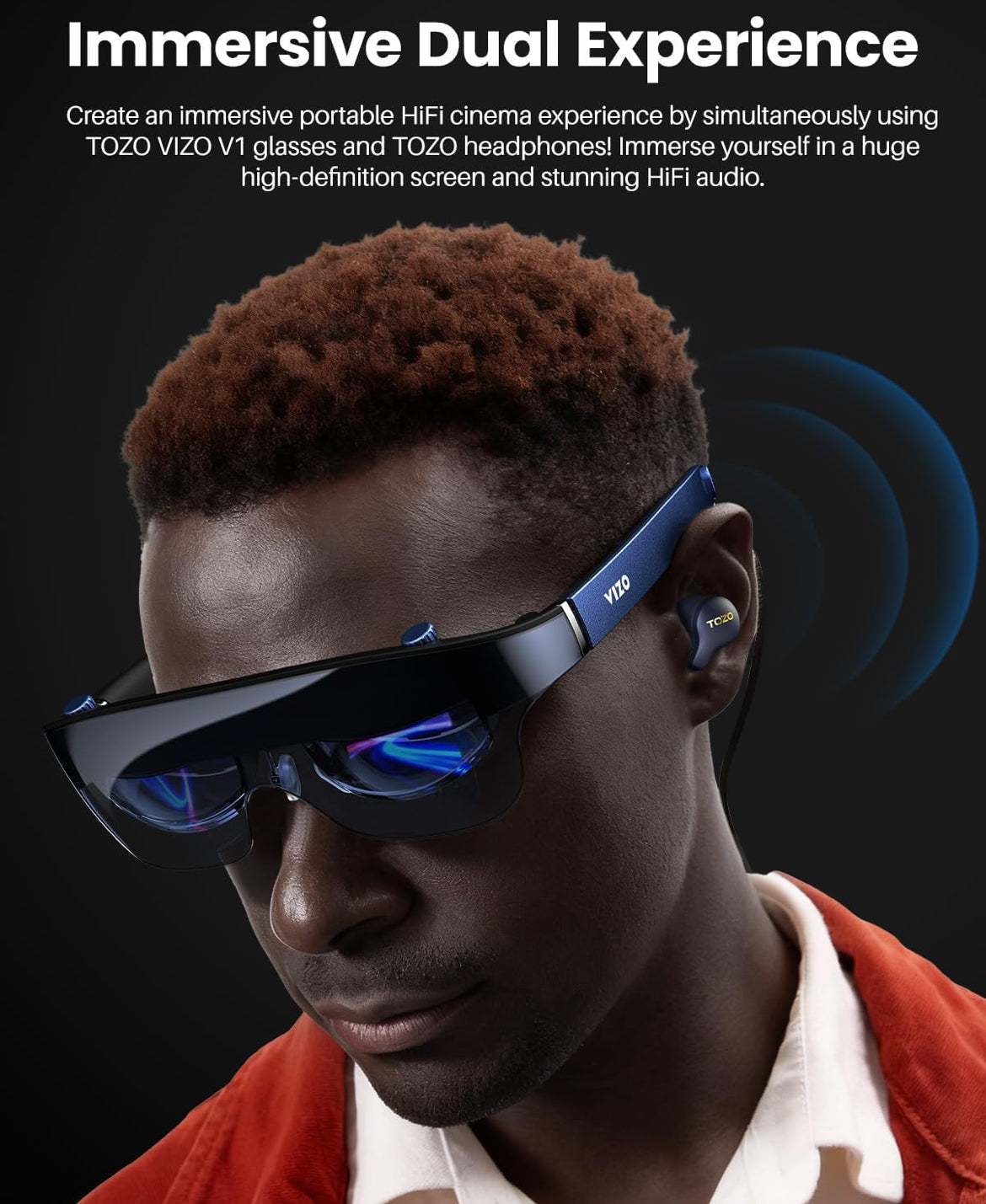 TOZO VIZO V1 AR Glasses with Ultra-Bright Display, Built-in Stereo Speakers, Adjustable Myopia Correction (0–500°), 118" Virtual Mega Screen, 2D/3D Mode Switching Compatible for iPhone/Mac/PC