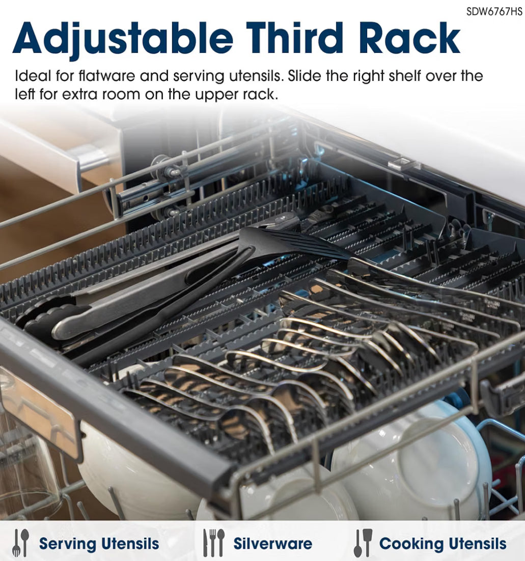 SHARP SDW6767HS Smart Dishwasher Works with Alexa. Includes LED Interior lights, Stainless Steel interior, Heated Dry with Fan Assist, Wash Zone cleans half load on either rack, Adjustable Third Rack