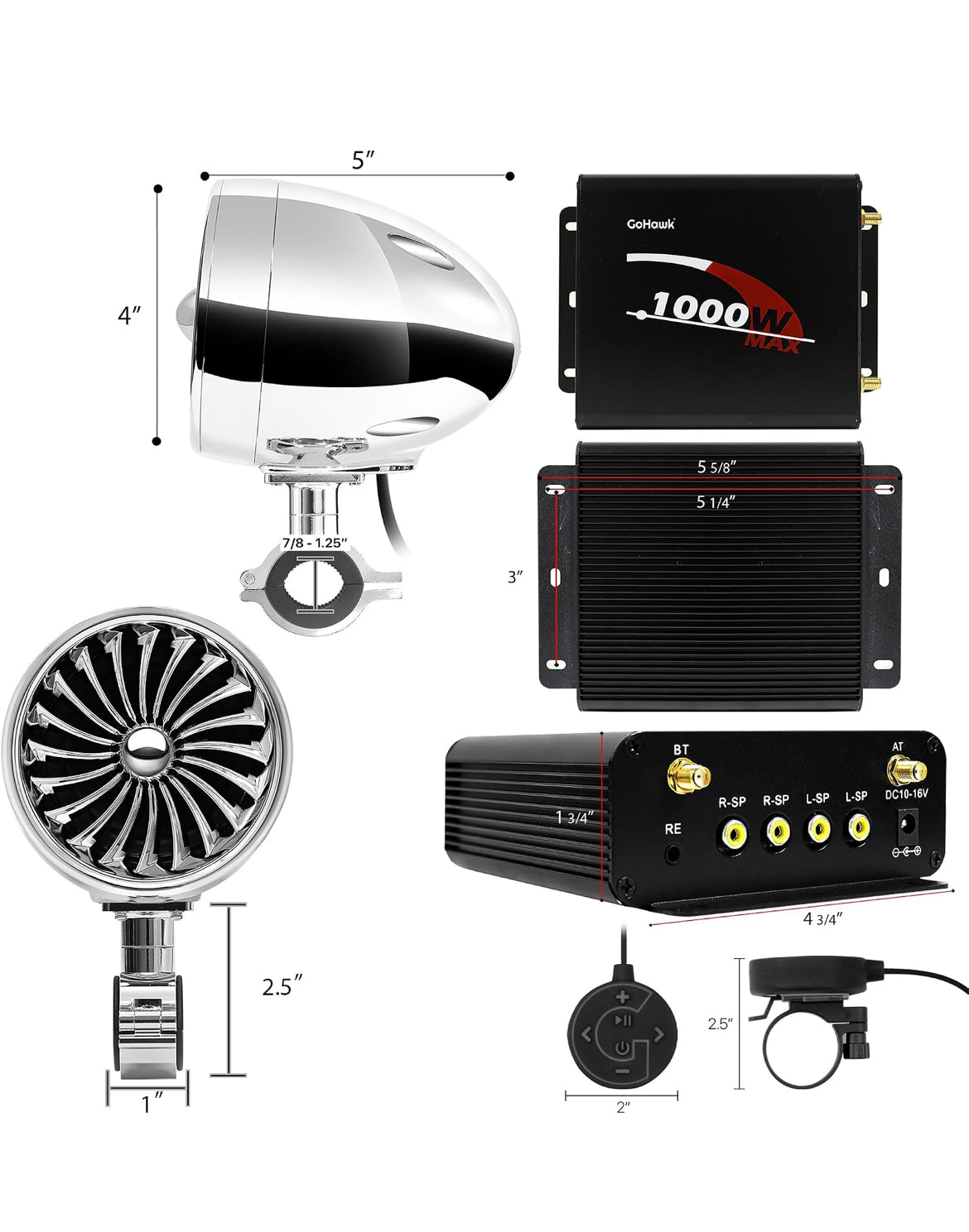 Motorcycle Speakers Bluetooth 4 Inch Waterproof Radio Audio System
1000W Amplifier, Remote Control, AUX USB SD FM Radio, Fits 7/8"–1-1/4" bar for ATVs/Motorcycles, 12 Volt Vehicles
