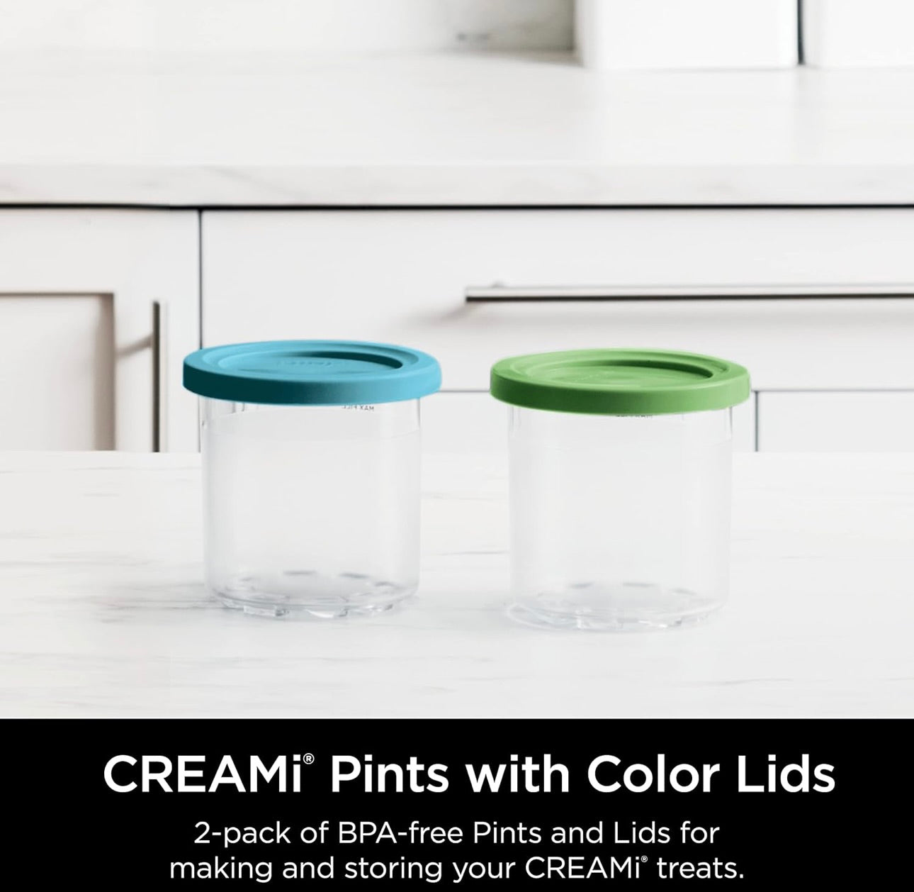Ninja CREAMi Pints 2-pak, versoenbaar met NC299AMZ & NC300s reeks CREAMi Roomysmakers, Oorspronklike Ninja-pint, BPA-vry en skottelgoedwasser-veilig, Kleurdeksels, 1 pint elk, Deursigtig/Lemmetjie/Akwa, XSKPLID2CD