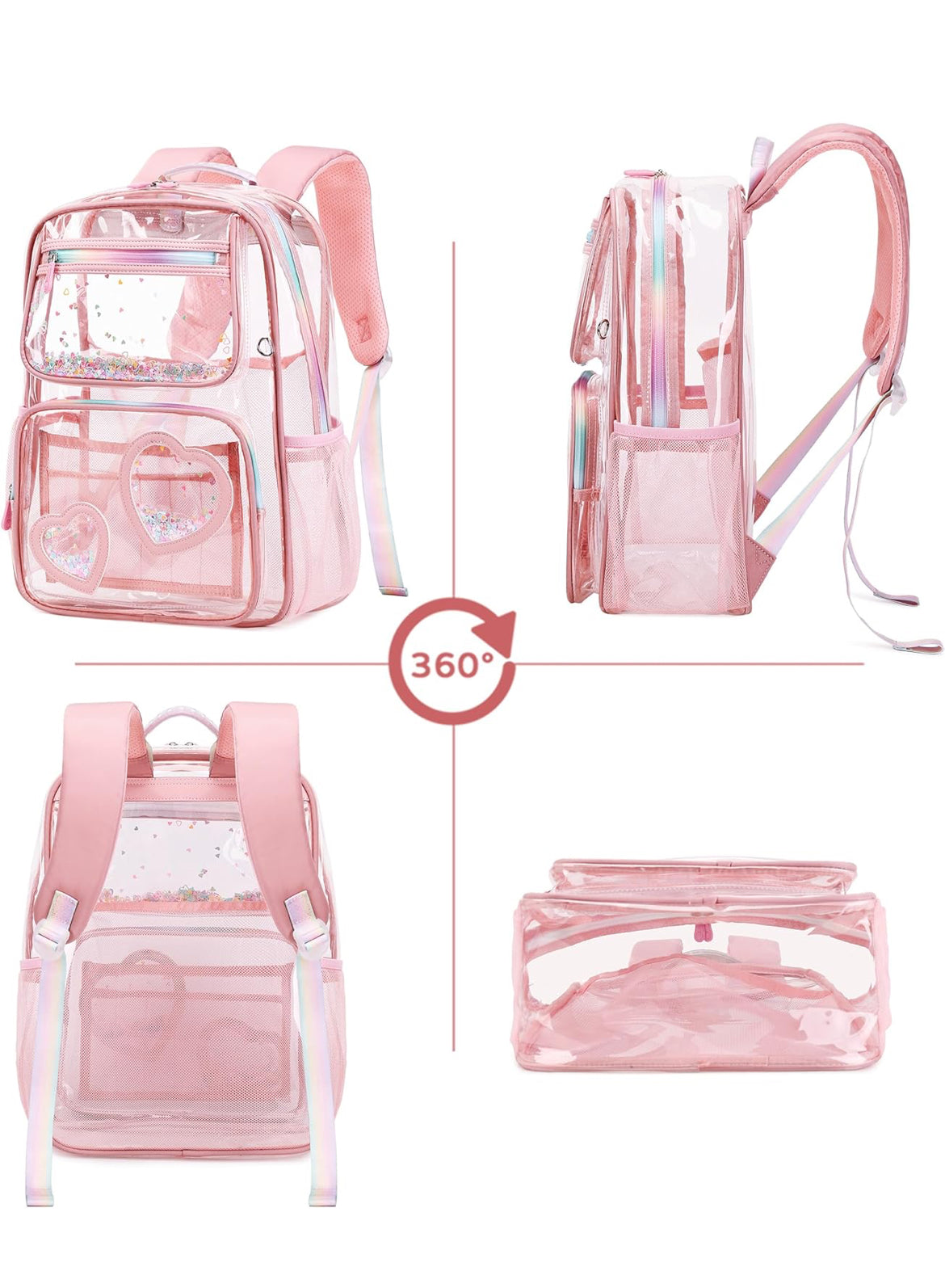 Clear Backpack for Girls Women Transparent Kids Elementary College School Bag Travel Laptop Backpacks Large Bookbags (Pink)