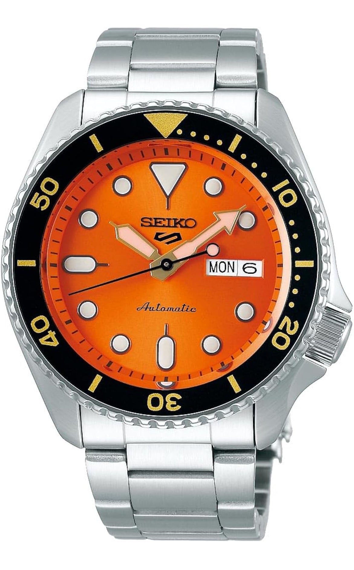 Montre Automatique SEIKO 5 Sports - Calendrier Jour/Date, Aiguilles et Index LumiBrite, Lunette Rotative, Étanche 100m - Orange
