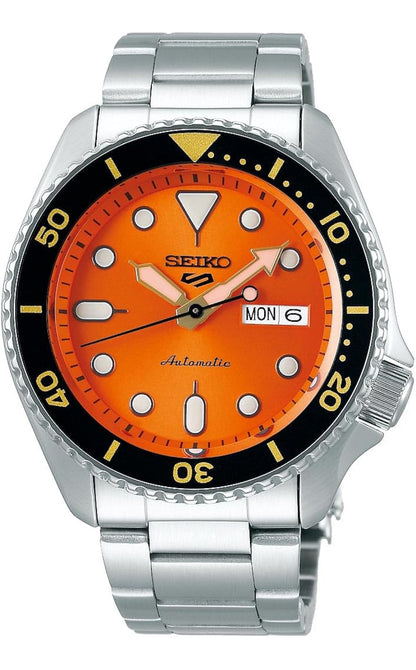 SEIKO Outomatiese Horlosie 5 Sports - Dag-/Datumkalender, LumiBrite Wysers en Merkers, en Roterende Ring, 100m Waterbestand - Oranje