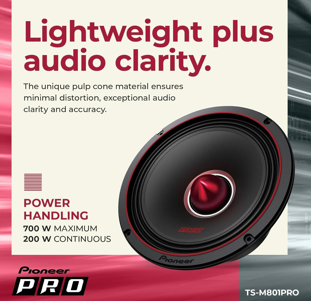 Pioneer TS-M801PRO, Motorvoertuigoudioluidsprekers, Volreeks, Helder Klankgehalte, Maklike Installasie en Verbeterde Basrespons, 8”-luidsprekers