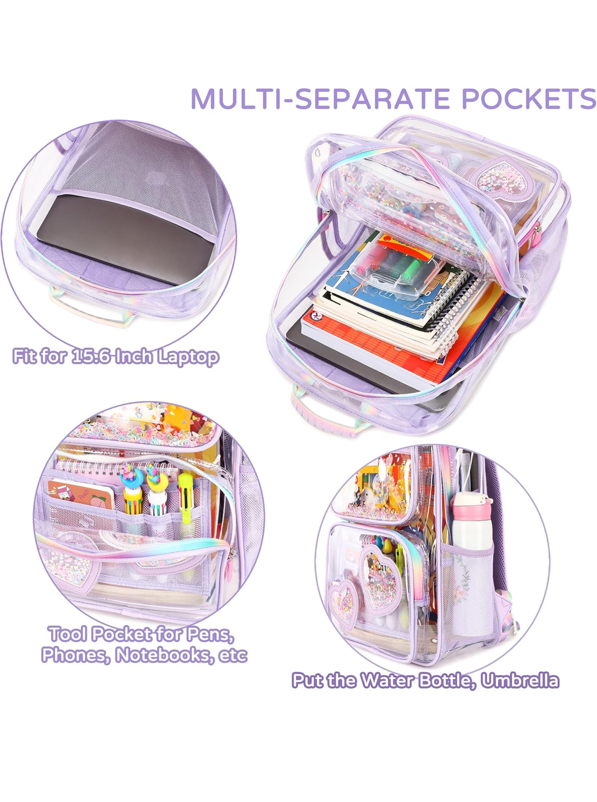 Clear Backpack for Girls Women Transparent Kids Elementary College School Bag Travel Laptop Backpacks Large Bookbags (Purple)