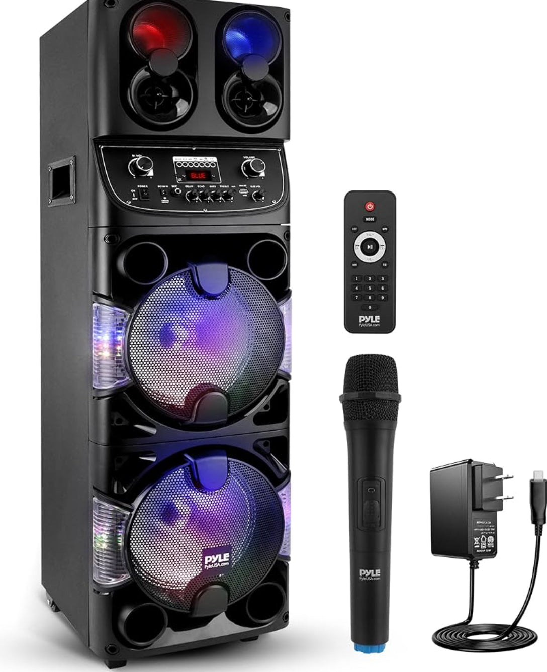 Portable Bluetooth 600W Dual 10” Rechargeable Indoor/Outdoor BT Karaoke Audio System -LED Display, FM/AUX/MP3/USB/SD, 1/4" in, Handle, Wheels -Wireless Mic, Remote Control