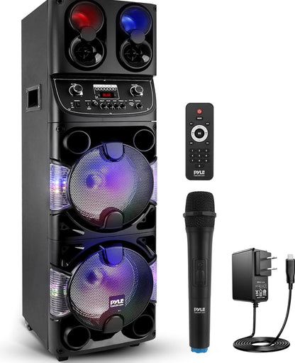 Portable Bluetooth 600W Dual 10” Rechargeable Indoor/Outdoor BT Karaoke Audio System -LED Display, FM/AUX/MP3/USB/SD, 1/4" in, Handle, Wheels -Wireless Mic, Remote Control