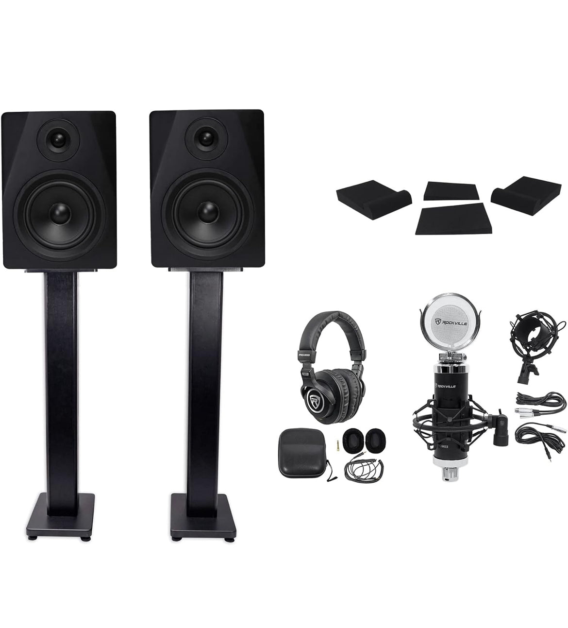 Rockville 2 DPM5B 5.25" 300w Dual Active Studio Monitors+Stands+Pads+Headphones BUNDLE