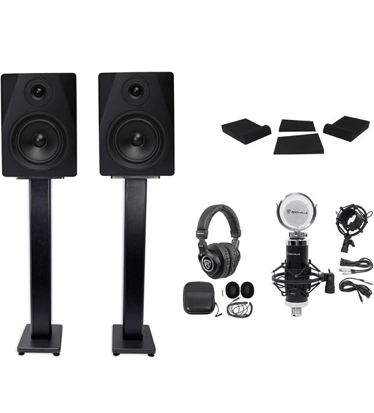 Rockville 2 DPM5B 5.25" 300w Dubbele Aktiewe Studio Monitors+Staanders+Pads+Oorfone BUNDEL
