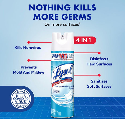 Lysol Ontsmettingsspuit, Huishoudelike Noodsaaklike Skoonmaakbenodigdhede, Veeldoelige Kamersproei, Antibakteriese Ontsmettingssproei, Bekleedselontgeurder, Huis en Badkamer, Crisp Linen, 19 Fl Oz (Pak van 2)