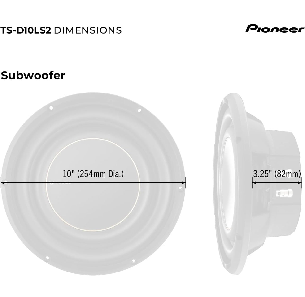 Pioneer TS-D10LS2 - Kragtige 10-duim Vlak Subwoofer, 1300 Watt Piek KragEnkel 2 Ohm Stemspoel en Kompakte Ontwerp vir Diep Bas