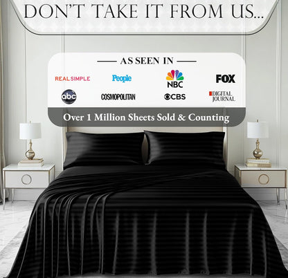 DECOLURE Satin Bed Sheets - 4 Piece Luxury Silky Queen Size Bedding Set - Softer Than Silk, Wrinkle-Free with 15” Deep Pocket Fitted Sheet, Perfect for Hair & Skin, Gifts for Women (Striped Black)