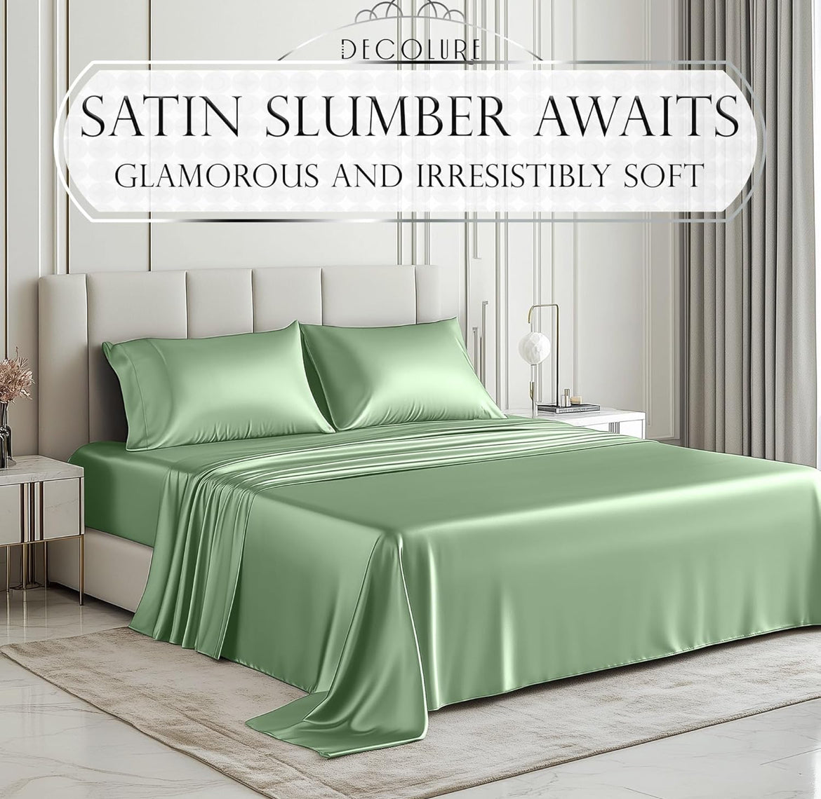 DECOLURE Satin Bed Sheets - 4 Piece Luxury Silky Queen Size Bedding Set - Softer Than Silk, Wrinkle-Free with 15” Deep Pocket Fitted Sheet, Perfect for Hair & Skin, Gifts for Women (Sage Green)