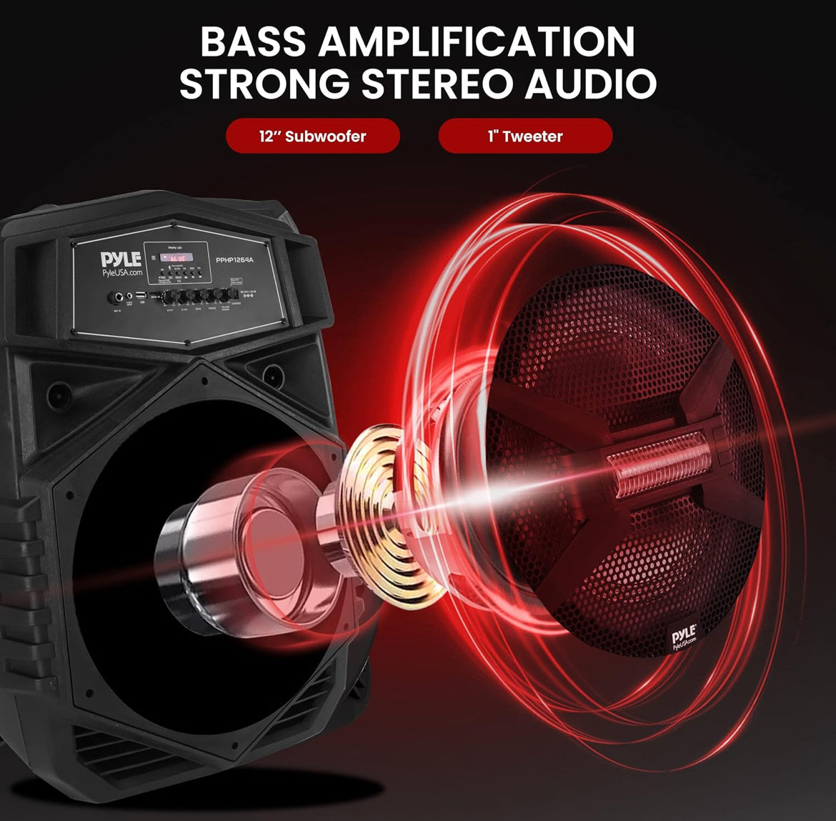 Portable Bluetooth Speaker System 12" 1000W w/ LED Lights, USB/Micro SD/FM/BT/Aux/Remote Control/Mic & Guitar Inputs, Built-in Rechargeable Battery w/ Wheels & Handle Bar