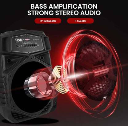 Portable Bluetooth Speaker System 12" 1000W w/ LED Lights, USB/Micro SD/FM/BT/Aux/Remote Control/Mic & Guitar Inputs, Built-in Rechargeable Battery w/ Wheels & Handle Bar