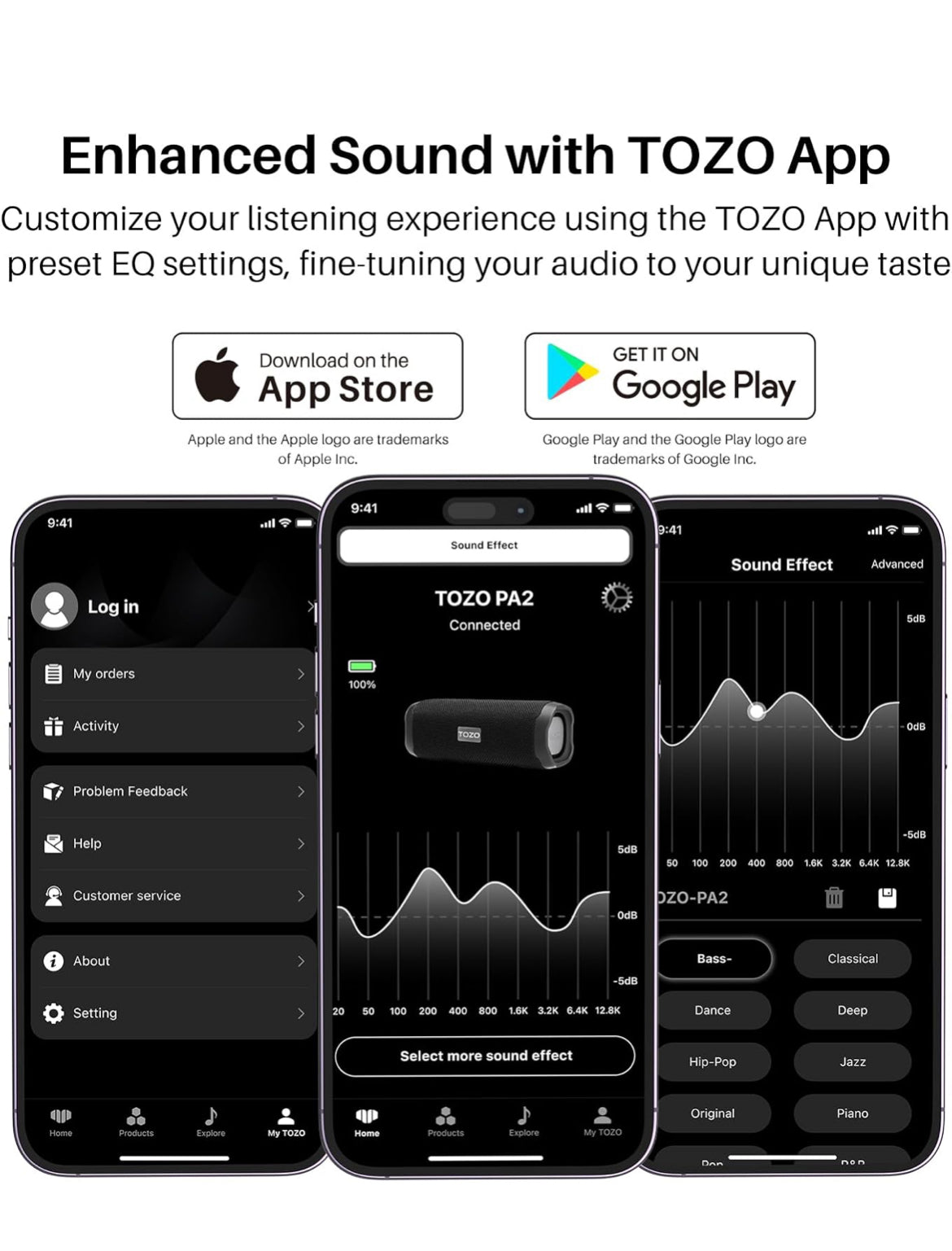 PA2 Portable Bluetooth Speaker w/ Dual Drivers & Dual Bass Diaphragms, Deep Bass Loud Stereo Sound, 25H Playtime, Custom EQ - BLACK