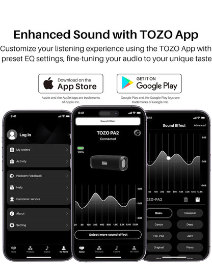 PA2 Portable Bluetooth Speaker w/ Dual Drivers & Dual Bass Diaphragms, Deep Bass Loud Stereo Sound, 25H Playtime, Custom EQ - BLACK
