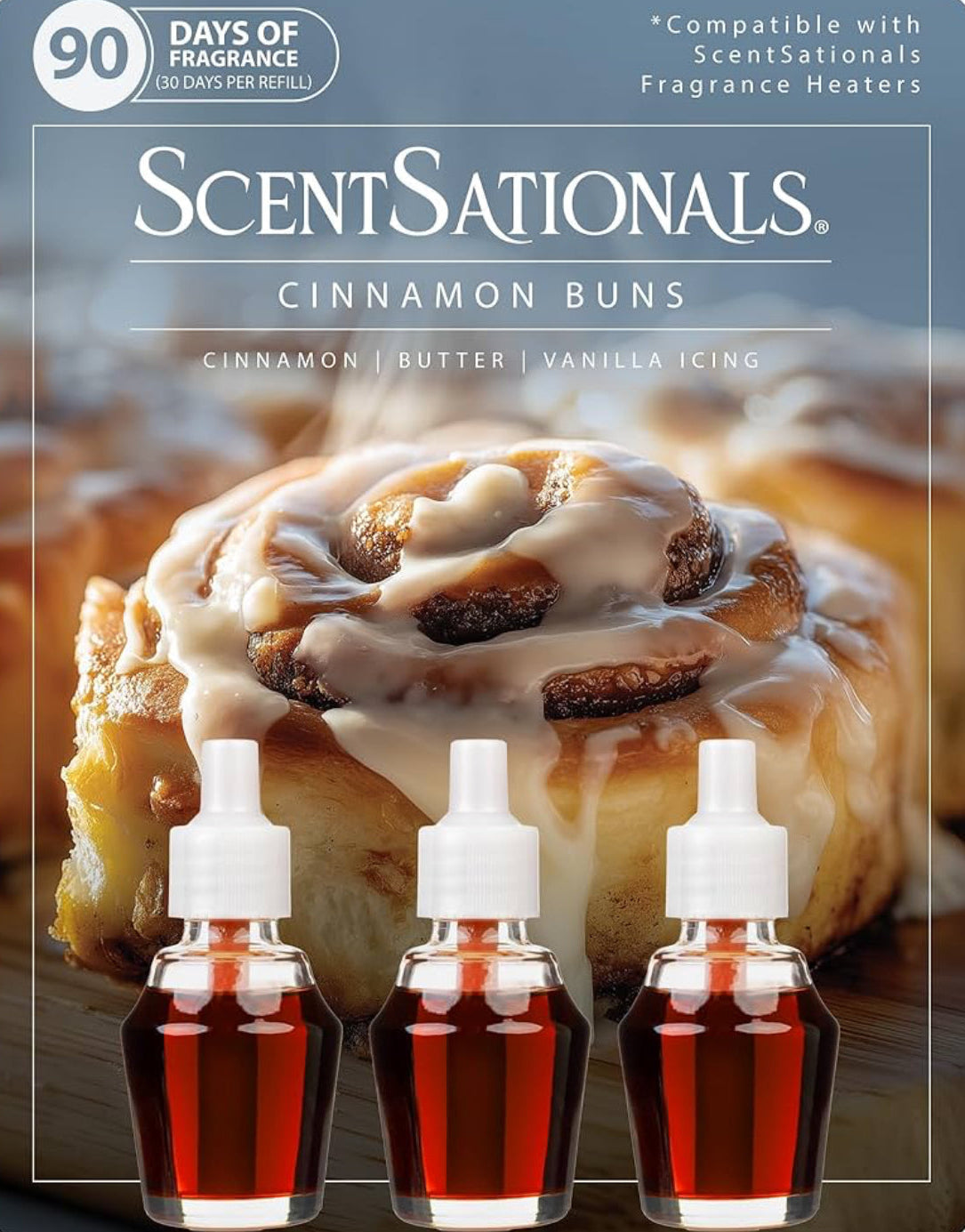 ScentSationals Cinnamon Buns Fragrance Oil Plug In Air Freshener Refills 3-Pack - Works w/ Scentsationals Wall Plugs - Packaging May Vary