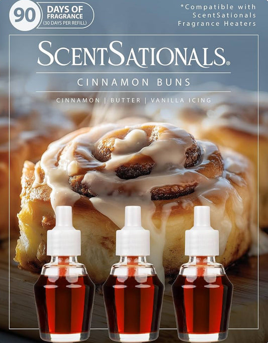 ScentSationals Cinnamon Buns Fragrance Oil Plug In Air Freshener Refills 3-Pack - Works w/ Scentsationals Wall Plugs - Packaging May Vary