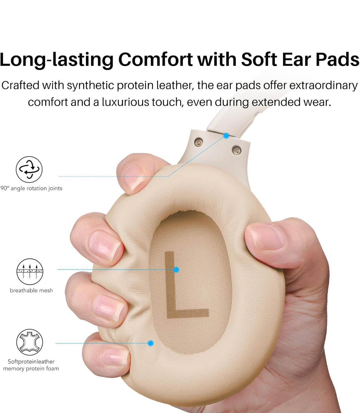 HT2 Hybrid Active Noise Cancelling Headphones, Wireless Over Ear Bluetooth Headset, 60H Playtime - Khaki