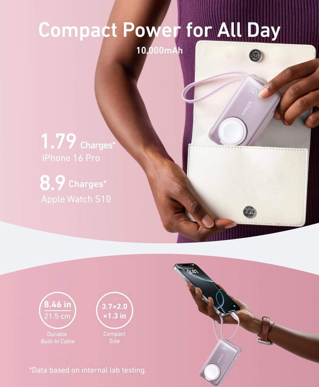 Anker MagGo Power Bank for Apple Watch, Officially Certified, 10,000 mAh Compact Battery - Pink