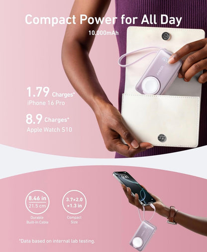 Anker MagGo Kragbank vir Apple Watch, Amptelik Gesertifiseer, 10,000 mAh Kompakte Battery - Pienk