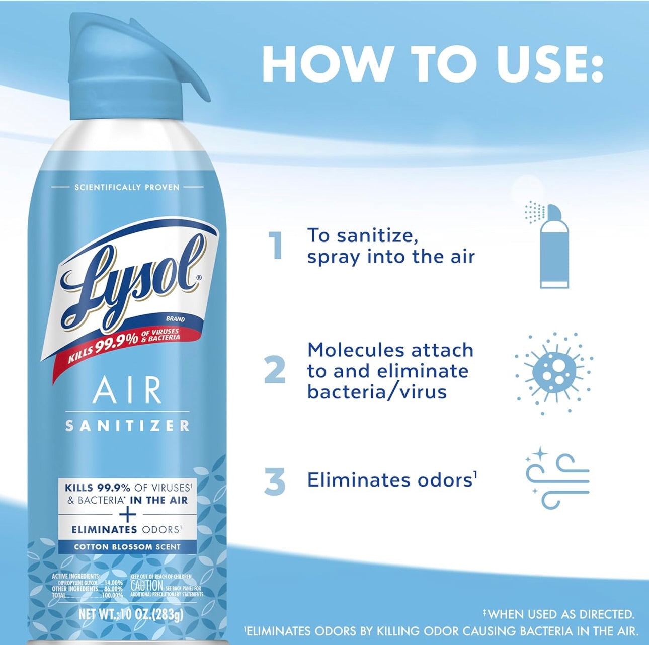 Lysol Lugontsmetting Spuitmiddel + Reukverwyderaar - Katoenbloeiselgeur, 10 oz (Pak van 3)
