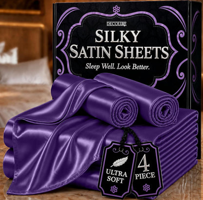 DECOLURE Satin Bed Sheets - 4 Piece Luxury Silky Queen Size Bedding Set - Softer Than Silk, Wrinkle-Free with 15” Deep Pocket Fitted Sheet, Perfect for Hair & Skin, Gifts for Women (Purple)