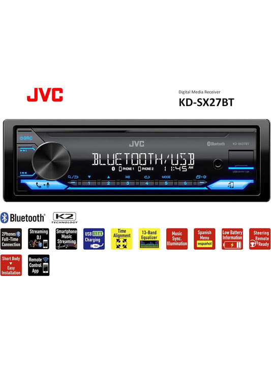 JVC KD-SX27BT Kar Stereo met Bluetooth, 100W Digitale Media Ontvanger, 1.5A USB om Toestelle te Laai, Enkel DIN Hoofeenheid, AM/FM, Aux-in, JVC Afstandsbeheer App