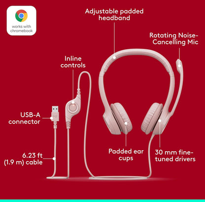 Logitech H390-speletjieshoofoorfone, bedrade hoofoorfone met mikrofoon, USB-koptelefoon met mikrofoon vir rekenaar, geraasdempende mikrofoon vir videovergaderings, musiek, speletjies – Roos