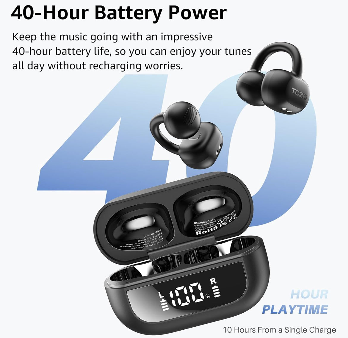 Open Ear Clip Earbuds, Lightweight Comfort 40H Play BT w/ Smart Digital Display - Black