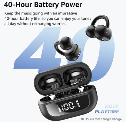 Open Ear Clip Earbuds, Lightweight Comfort 40H Play BT w/ Smart Digital Display - Black