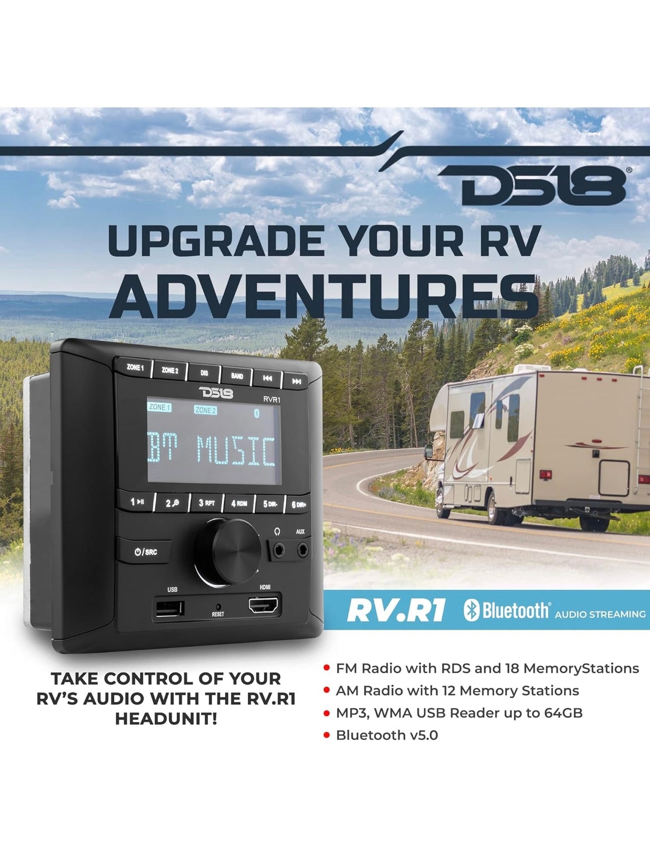 DS18 RVR1 RV Headunit LCD Screen, FM/AM, MP3, USB, HDMI, Bluetooth Receiver for Vehicle RV
