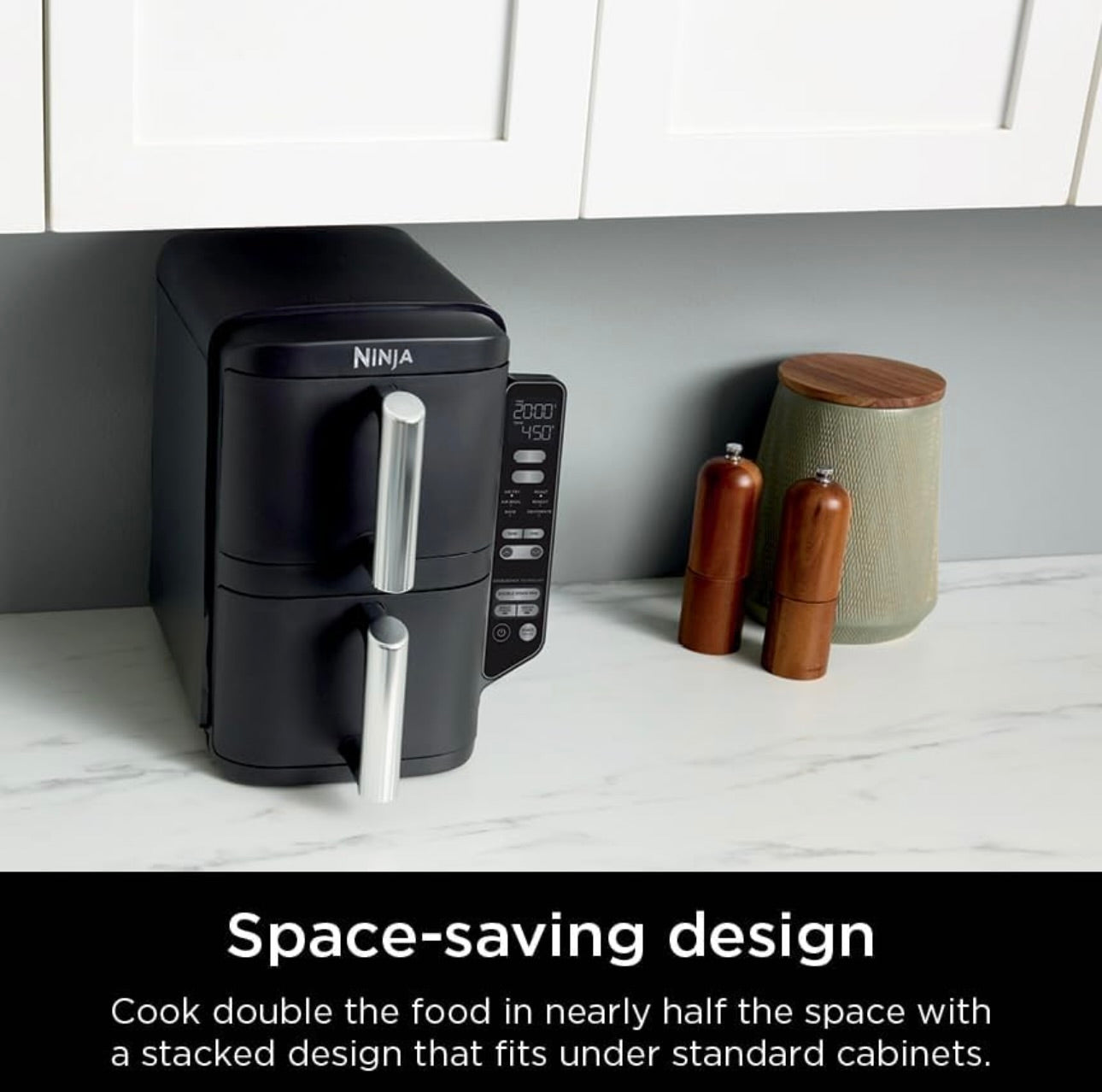 Ninja Air Fryer, 8 QT DoubleStack 2-Basket, Space Saving Design, Cooks 2lb Chicken Wings, Feeds up to 6 People, 6-in1 Air Fryer, Roast, Bake & More, Easy to Clean, Dishwasher Safe Parts, Black, SL201