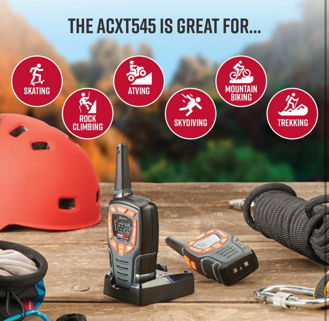 Cobra ACXT545 Weather-Resistant Walkie Talkies - Rechargeable, 22 Channels, Long Range 28-Mile Two-Way Radio Set (2-Pack)