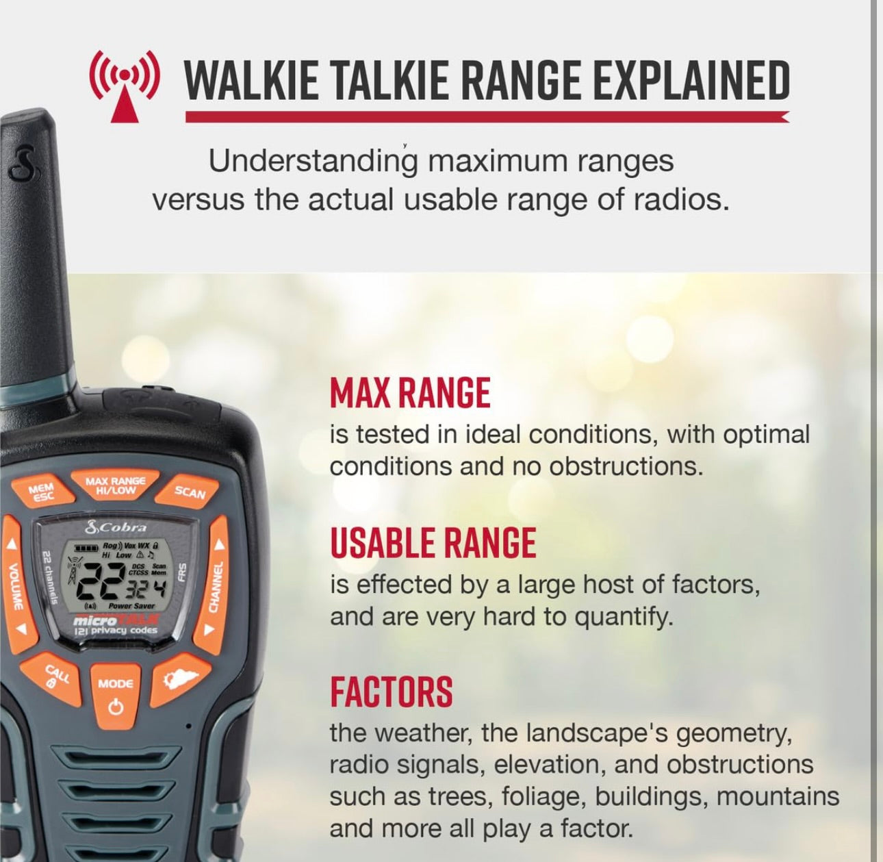 Cobra ACXT545 Weather-Resistant Walkie Talkies - Rechargeable, 22 Channels, Long Range 28-Mile Two-Way Radio Set (2-Pack)