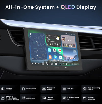 10" QLED Motorstereo Dubbel Din, Draadlose CarPlay & Android Auto, 4G LTE, Dubbele WiFi, 7.1.2 Kanaal Oudio, FLAC, 36B-EQ, Hi-Volt RCA, HDMI Inset