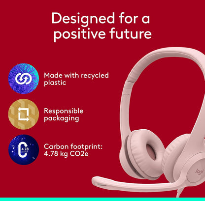 Logitech H390-speletjieshoofoorfone, bedrade hoofoorfone met mikrofoon, USB-kopstuk met mikrofoon vir rekenaar, ruisonderdrukkende mikrofoon vir videovergaderings, musiek, speletjies – Roos