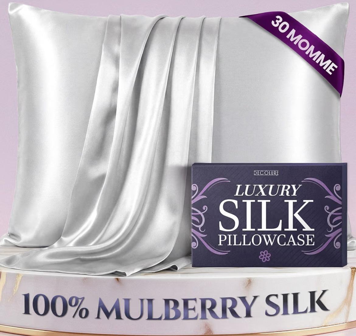DECOLURE 100% Pure Mulberry Silk Pillow Case Standard Size – Highest Grade 30 Momme 6A+, Luxuriously Soft & Cooling Silk Pillowcase for Hair & Skin, Hypoallergenic, Breathable, Hidden Zipper (White)