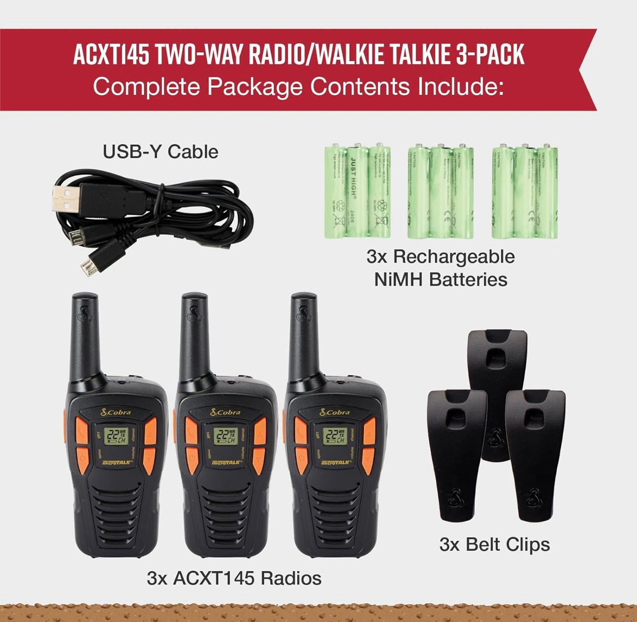 Cobra ACXT145-3 Kompakte Walkie Talkies - Herlaaibaar, Liggewig, 22 Kanale, Langafstand 16-Myl Tweerigtingradiostel (3-Pak), Swart