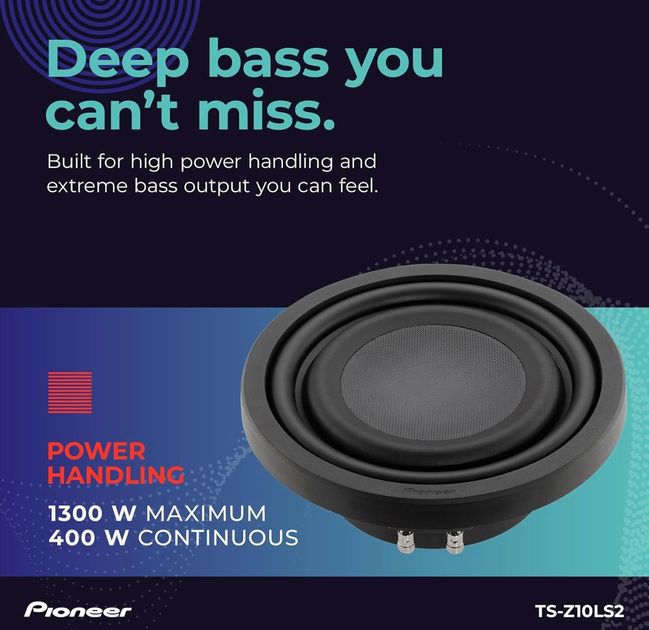 Pioneer TS-Z10LS2 10” Oorgroot Subwoofer, Plat Ontwerp, Maklike Installasie en Buigsame Pasvorm, 1300 Watt Spitskrag, Enkel 2 Ohm Stemspoel vir Diep, Verbeterde Basrespons