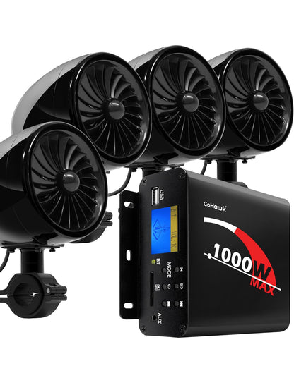 Motorcycle Speakers Bluetooth 4 Inch Waterproof Radio Audio System
1000W Amplifier, Remote Control, AUX USB SD FM Radio, Fits 7/8"–1-1/4" bar for ATVs/Motorcycles, 12 Volt Vehicles