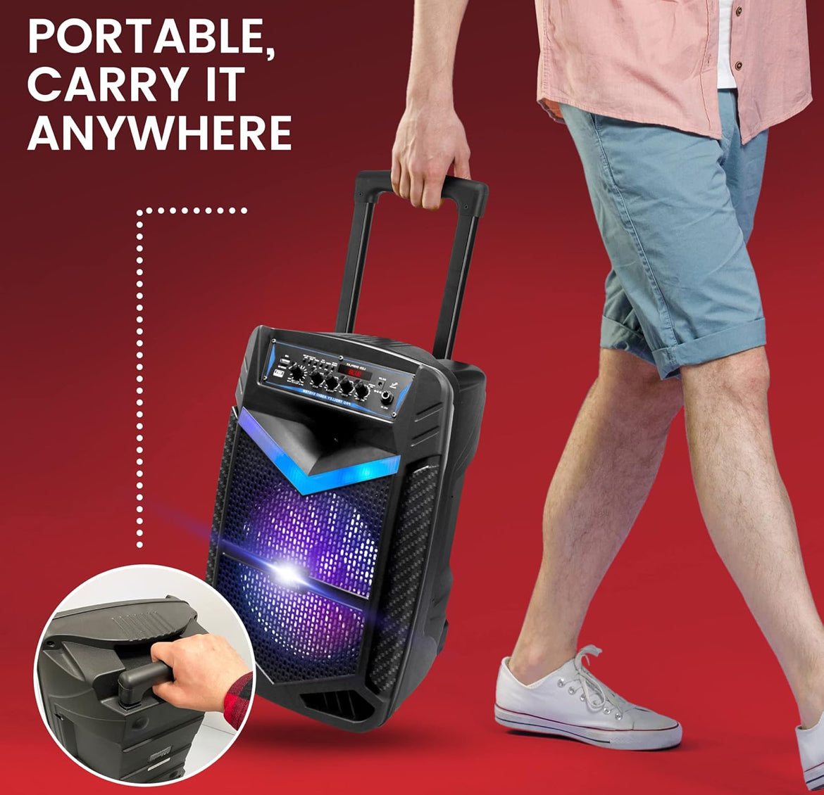 Portable Bluetooth PA Speaker System  600W Rechargeable 10” Subwoofer 1” Tweeter, Recording Function, Mic In Party Lights USB/SD Radio