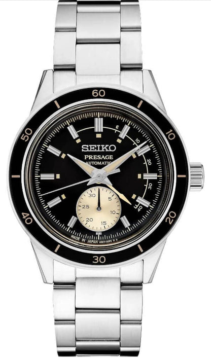 SEIKO Mans Swart Wysiger Silwer Vlekvrye Staalband Presage Outomatiese Horlosie