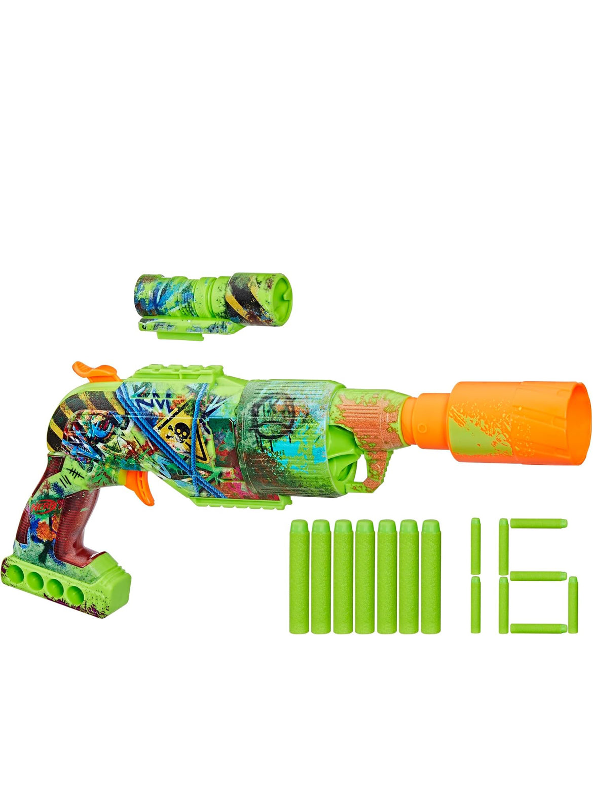 NERF Zombie Driller Dart Blaster, 16 Nerf Elite Darts, Rotating 5 Dart Cylinder, Removable Scope, Outdoor Games, Ages 8+
