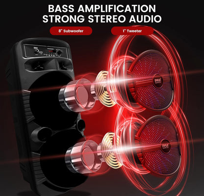 Portable Bluetooth PA Speaker System 8" 600W Rechargeable w/ Dual Subwoofer, Microphone In, Party Lights, USB, Radio, Remote