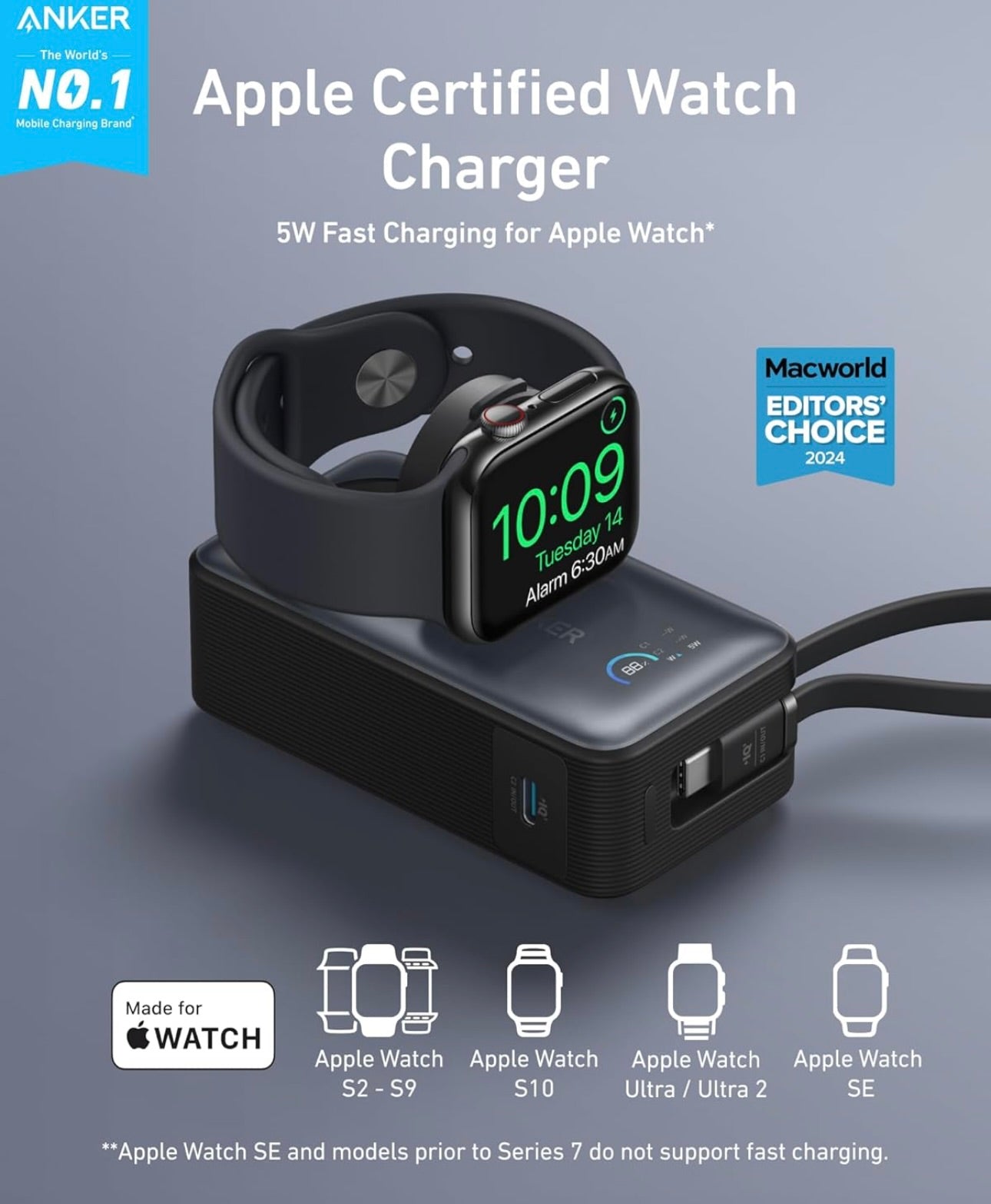 Anker MagGo Power Bank for Apple Watch, Officially Certified, 10,000 mAh Compact Battery - Black
